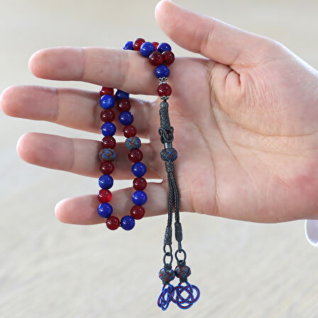 1000 Ayar Gümüş Kazaz Püsküllü Küre Kesim Bordo Mavi Jade Doğaltaş Taraftar Tesbih