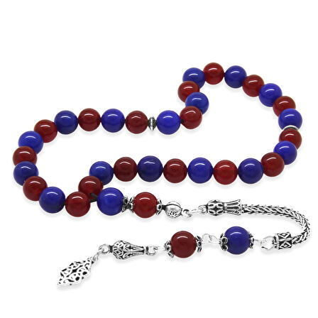 925 Ayar Gümüş Foxtail Zincir Püsküllü Küre Kesim Bordo Mavi Jade Doğaltaş Taraftar Tesbih