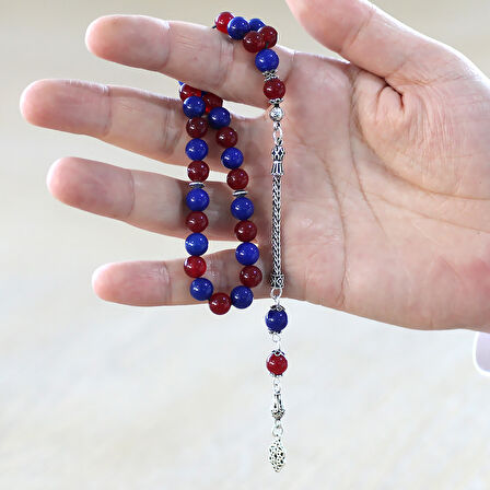 925 Ayar Gümüş Foxtail Zincir Püsküllü Küre Kesim Bordo Mavi Jade Doğaltaş Taraftar Tesbih