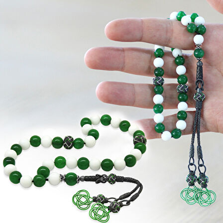 1000 Ayar Gümüş Kazaz Püsküllü Küre Kesim Yeşil Beyaz Jade Doğaltaş Taraftar Tesbih