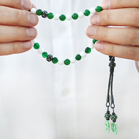 1000 Ayar Gümüş Kazaz Püsküllü Küre Kesim Yeşil Beyaz Jade Doğaltaş Taraftar Tesbih