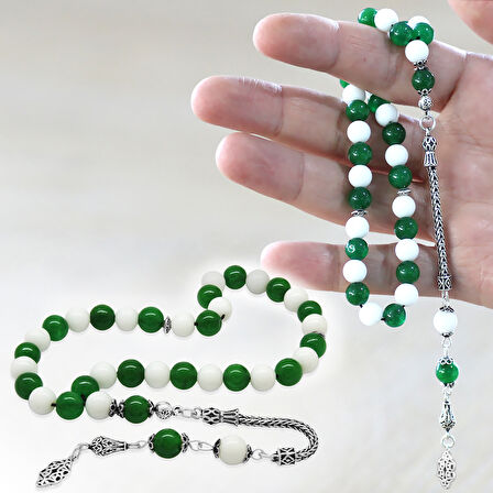 925 Ayar Gümüş Foxtail Zincir Püsküllü Küre Kesim Yeşil Beyaz Jade Doğaltaş Taraftar Tesbih