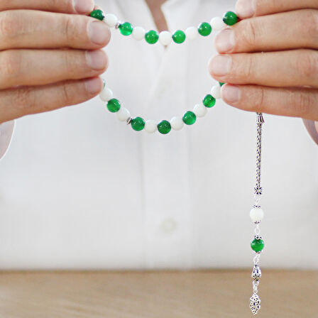 925 Ayar Gümüş Foxtail Zincir Püsküllü Küre Kesim Yeşil Beyaz Jade Doğaltaş Taraftar Tesbih