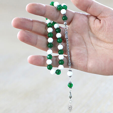 925 Ayar Gümüş Foxtail Zincir Püsküllü Küre Kesim Yeşil Beyaz Jade Doğaltaş Taraftar Tesbih