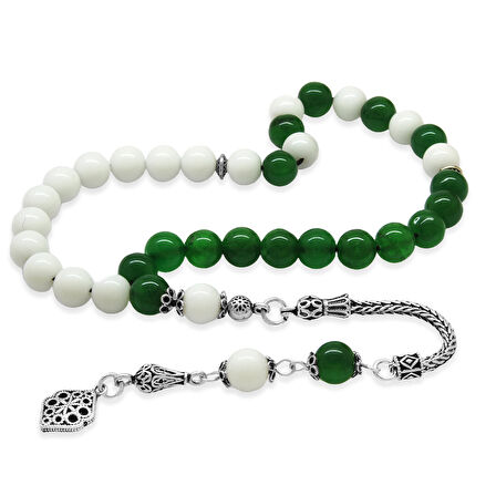 925 Ayar Gümüş Püsküllü Küre Kesim Yeşil Beyaz Jade Doğaltaş Taraftar Tesbih