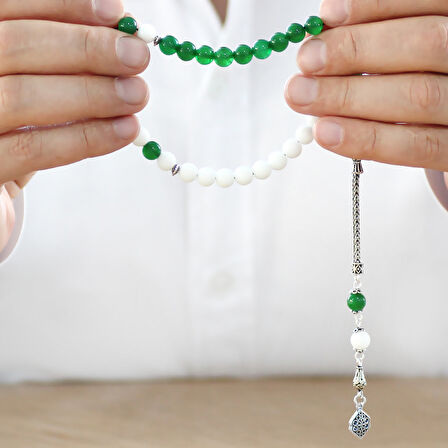 925 Ayar Gümüş Püsküllü Küre Kesim Yeşil Beyaz Jade Doğaltaş Taraftar Tesbih