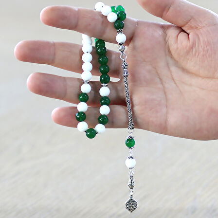925 Ayar Gümüş Püsküllü Küre Kesim Yeşil Beyaz Jade Doğaltaş Taraftar Tesbih