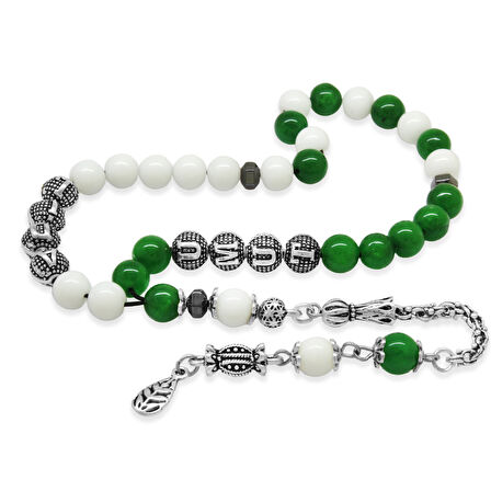 Kararmaz Metal Arnavut Zincir Püsküllü Küre Kesim Kişiye Özel İsim Yazılı Yeşil Beyaz Jade Doğaltaş Taraftar Tesbih