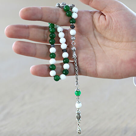 Kararmaz Metal Arnavut Zincir Püsküllü Küre Kesim Kişiye Özel İsim Yazılı Yeşil Beyaz Jade Doğaltaş Taraftar Tesbih