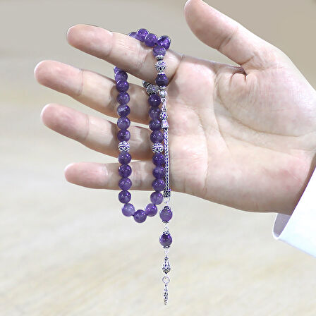 925 Ayar Gümüş Püsküllü Küre Kesim İsim Yazılı Hareli Ametist Doğaltaş Tesbih
