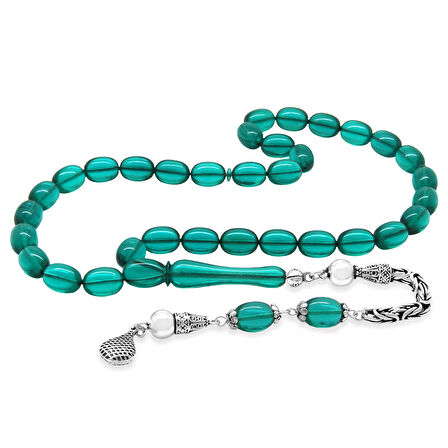 925 Ayar Gümüş Kral Zincir Püsküllü Sülün İmame Beyzi Kesim Turkuaz Katalin Tesbih