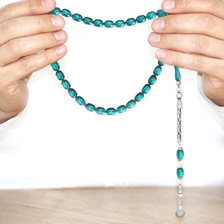 925 Ayar Gümüş Kral Zincir Püsküllü Sülün İmame Beyzi Kesim Turkuaz Katalin Tesbih