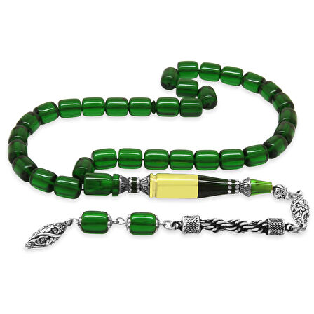 Kararmaz Metal Halat Püsküllü Kurşun Nakkaş İmameli Kapsül Kesim Yeşil Ateş Kehribar Tesbih