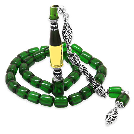 Kararmaz Metal Halat Püsküllü Kurşun Nakkaş İmameli Kapsül Kesim Yeşil Ateş Kehribar Tesbih