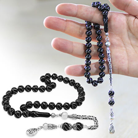 925 Ayar Gümüş Kral Zincir Püsküllü Gümüş Yanburgu İşlemeli Erzurum Oltu Taşı Tesbih