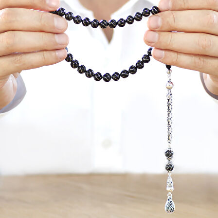 925 Ayar Gümüş Kral Zincir Püsküllü Gümüş Yanburgu İşlemeli Erzurum Oltu Taşı Tesbih