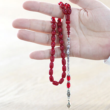 Kararmaz Metal Arnavut Zincir Püsküllü Her Bir Tanesi İmamesi Usta İşçilikli Özel Kesim Hareli Kırmızı Ateş Kehribar Tesbih