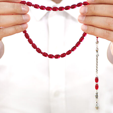 Kararmaz Metal Arnavut Zincir Püsküllü Her Bir Tanesi İmamesi Usta İşçilikli Özel Kesim Hareli Kırmızı Ateş Kehribar Tesbih