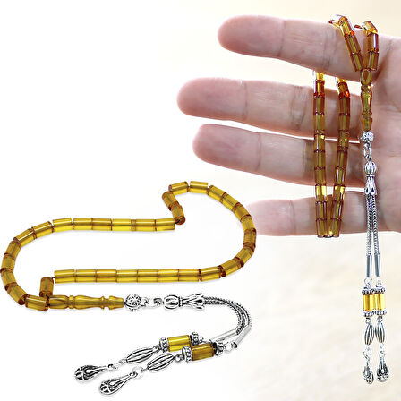 Kararmaz Metal 2 li Kamçı Püsküllü Kesme Kesim Bilek Boy Soft Sarı Ateş Kehribar Tesbih