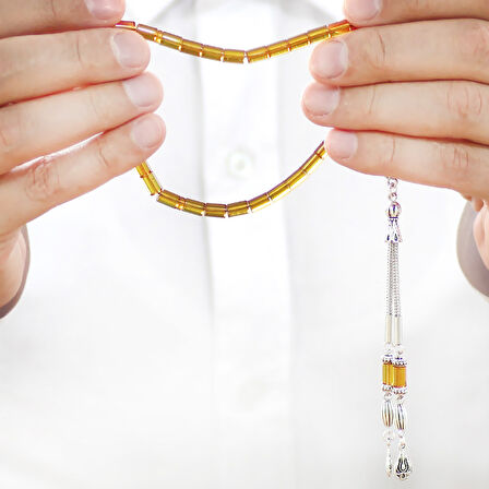 Kararmaz Metal 2 li Kamçı Püsküllü Kesme Kesim Bilek Boy Soft Sarı Ateş Kehribar Tesbih