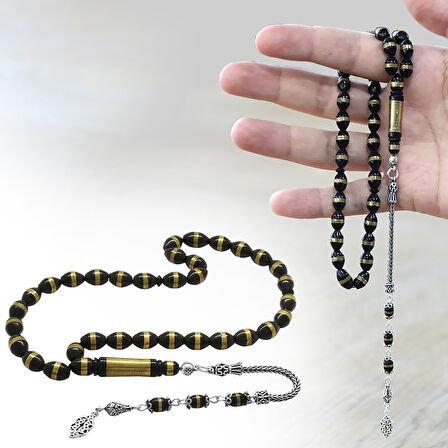 925 Ayar Gümüş Püsküllü Pirinç Sarmal Arpa Kesim Siyah Kuka Tesbih