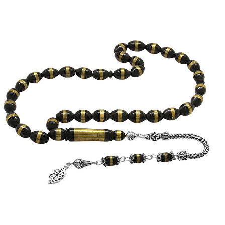 925 Ayar Gümüş Püsküllü Pirinç Sarmal Arpa Kesim Siyah Kuka Tesbih