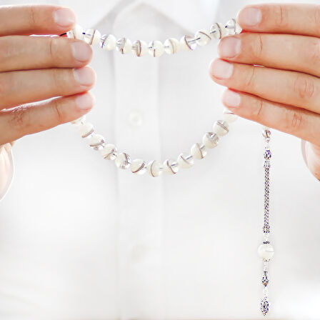 925 Ayar Gümüş Püsküllü Küre Kesim Sedefli Kişiye Özel Saç Teli İçerir Tesbih