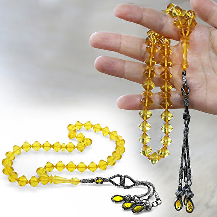 Premium Kutulu 1000 Ayar Gümüş Kazaz Püskül İstanbul Kesim Soft Sarı Büyük Boy Damla Kehribar Tesbih