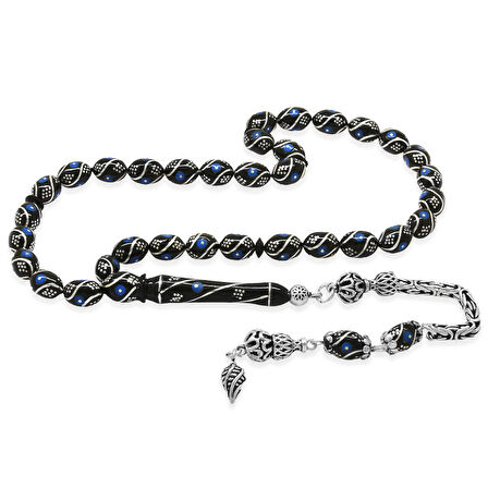 925 Ayar Gümüş Kral Zincir Püsküllü Arpa Kesim Gümüş Firuze İşlemeli Erzurum Oltu Taşı Tesbih