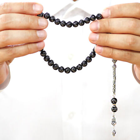 925 Ayar Gümüş Kral Zincir Püsküllü Gümüş Çift Zikzak İşlemeli Rus Oltu Tesbih