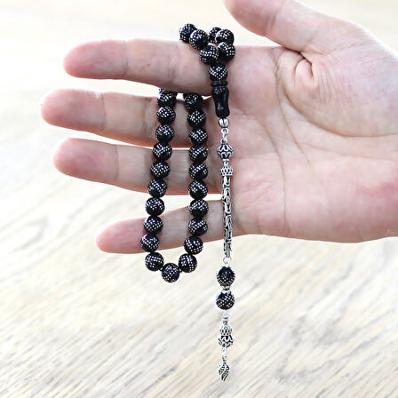 925 Ayar Gümüş Kral Zincir Püsküllü Gümüş Çift Zikzak İşlemeli Rus Oltu Tesbih