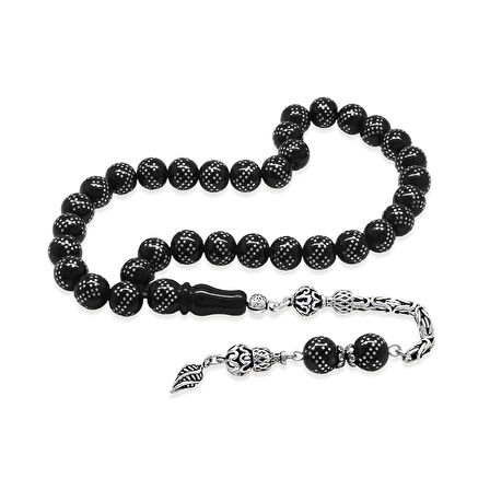 925 Ayar Gümüş Kral Zincir Püsküllü Gümüş Çift Zikzak İşlemeli Rus Oltu Tesbih