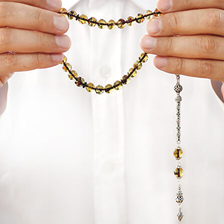 925 Ayar Gümüş Kral Püsküllü Küre Kesim Hafif Fosilli Ihlamur Sarı Doğal Damla Kehribar Tesbih