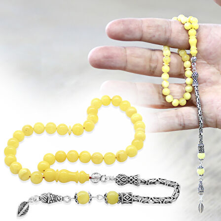 925 Ayar Gümüş Kral Zincir Püsküllü Bilek Boy Küre Kesim Soft Sarı Beyaz Doğal Damla Kehribar Tesbih