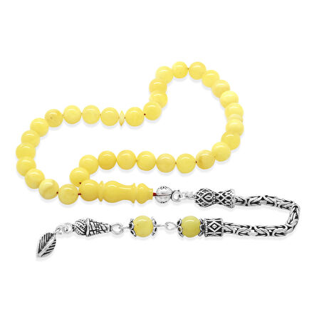 925 Ayar Gümüş Kral Zincir Püsküllü Bilek Boy Küre Kesim Soft Sarı Beyaz Doğal Damla Kehribar Tesbih