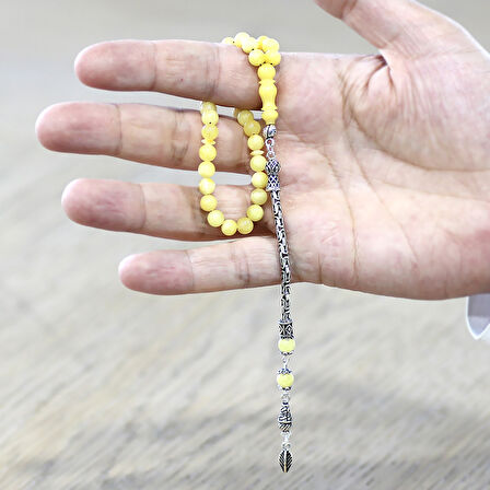 925 Ayar Gümüş Kral Zincir Püsküllü Bilek Boy Küre Kesim Soft Sarı Beyaz Doğal Damla Kehribar Tesbih