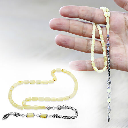 925 Ayar Gümüş Kral Püsküllü Mini Boy Kapsül Kesim Soft Sarı Beyaz Doğal Damla Kehribar Tesbih