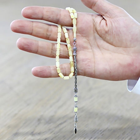 925 Ayar Gümüş Kral Püsküllü Mini Boy Kapsül Kesim Soft Sarı Beyaz Doğal Damla Kehribar Tesbih