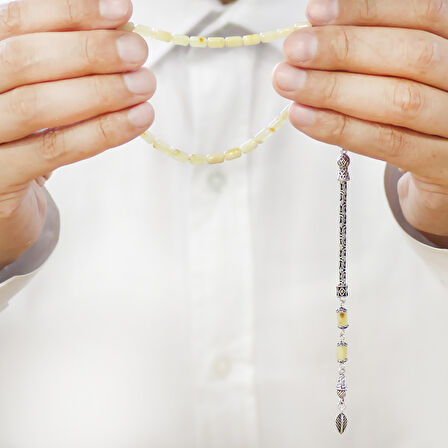 925 Ayar Gümüş Kral Püsküllü Mini Boy Kapsül Kesim Soft Sarı Beyaz Doğal Damla Kehribar Tesbih