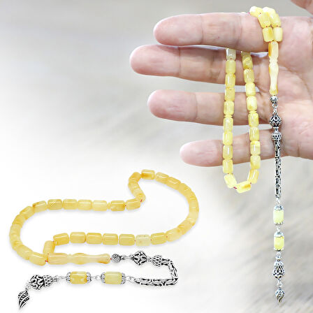 925 Ayar Gümüş Kral Zincir Püsküllü Tombul Kapsül Kesim Sarı Beyaz Doğal Damla Kehribar Tesbih