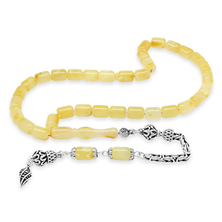 925 Ayar Gümüş Kral Zincir Püsküllü Tombul Kapsül Kesim Sarı Beyaz Doğal Damla Kehribar Tesbih