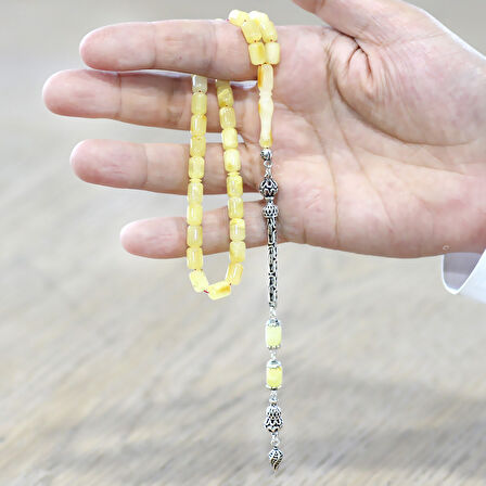 925 Ayar Gümüş Kral Zincir Püsküllü Tombul Kapsül Kesim Sarı Beyaz Doğal Damla Kehribar Tesbih