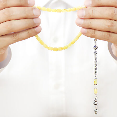 925 Ayar Gümüş Kral Zincir Püsküllü Tombul Kapsül Kesim Sarı Beyaz Doğal Damla Kehribar Tesbih