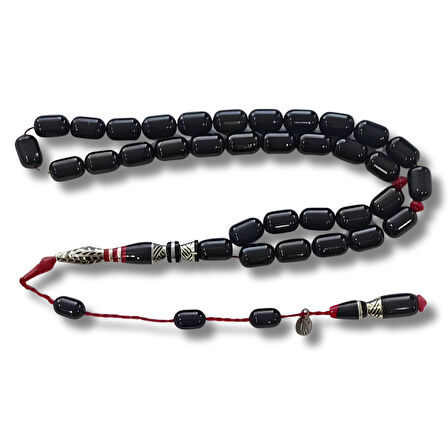 925 Ayar Gümüş Nakkaş İmameli Sitemli Oltu Taşı Tesbih Kırmızı Katalin Dolgulu Uçlu Kapsül Kesim