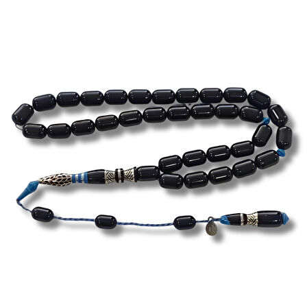 925 Ayar Gümüş Nakkaş İmameli Sistemli Oltu Taşı Tesbih Mavi Katalin Dolgulu Uçlu Kapsül Kesim