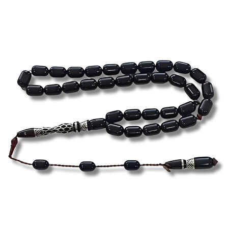 925 Ayar Gümüş Nakkaş İmameli Sistemli Oltu Taşı Tesbih Yılan Ağacı Dolgulu Uçlu Kapsül Kesim