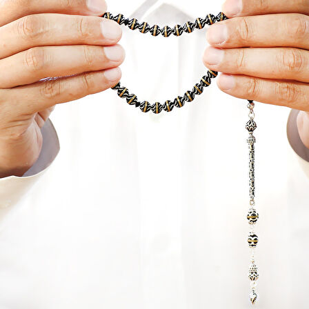 Kuka Tesbih – Siyah – 925 Ayar Gümüş Püsküllü - Pirinç Sarmal - Beyaz Mine Dolgulu – İstanbul Kesim