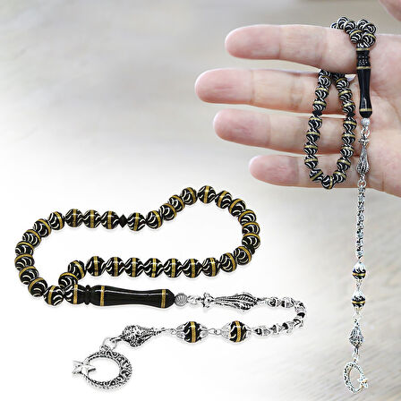 Kuka Tesbih – Siyah – Kararmaz Metal Püsküllü - Pirinç Sarmal - Beyaz Mine Dolgulu – İstanbul Kesim