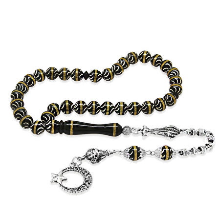 Kuka Tesbih – Siyah – Kararmaz Metal Püsküllü - Pirinç Sarmal - Beyaz Mine Dolgulu – İstanbul Kesim