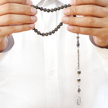 Kuka Tesbih – Siyah – Kararmaz Metal Püsküllü - Pirinç Sarmal - Beyaz Mine Dolgulu – İstanbul Kesim